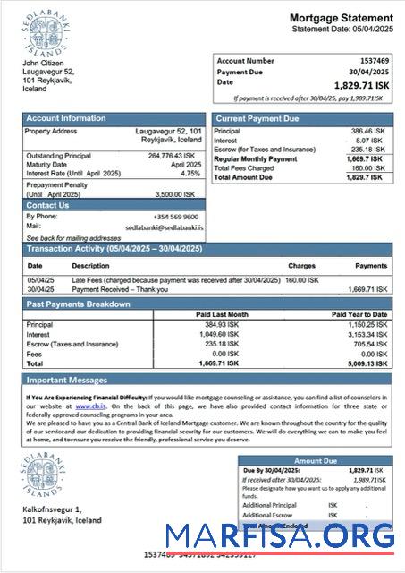 Printable Iceland Central Bank of Iceland mortgage statement Word and PDF template